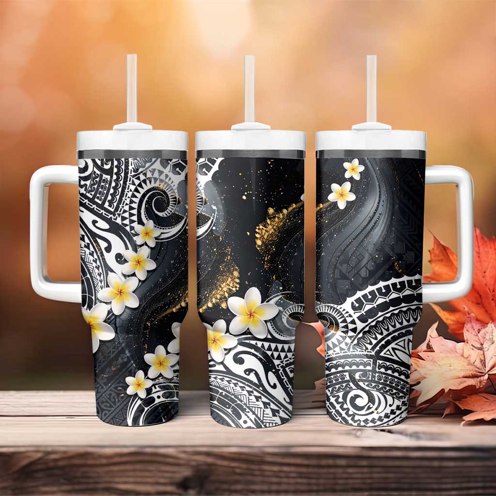 Polynesian Tribal Tattoo Tumbler With Handle Plumeria Black Gold Marble Pattern