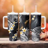 Polynesian Tribal Tattoo Tumbler With Handle Plumeria Black Gold Marble Pattern