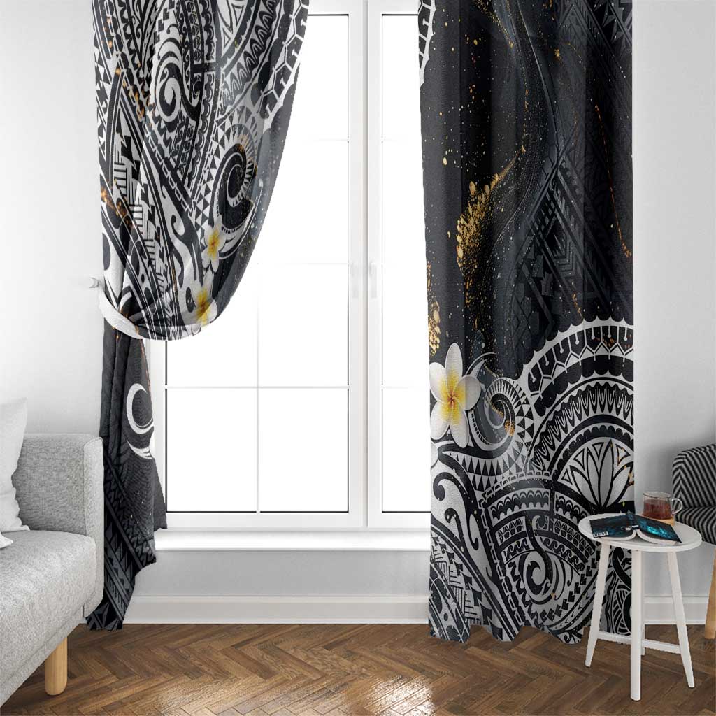 Polynesian Tribal Tattoo Window Curtain Plumeria Black Gold Marble Pattern