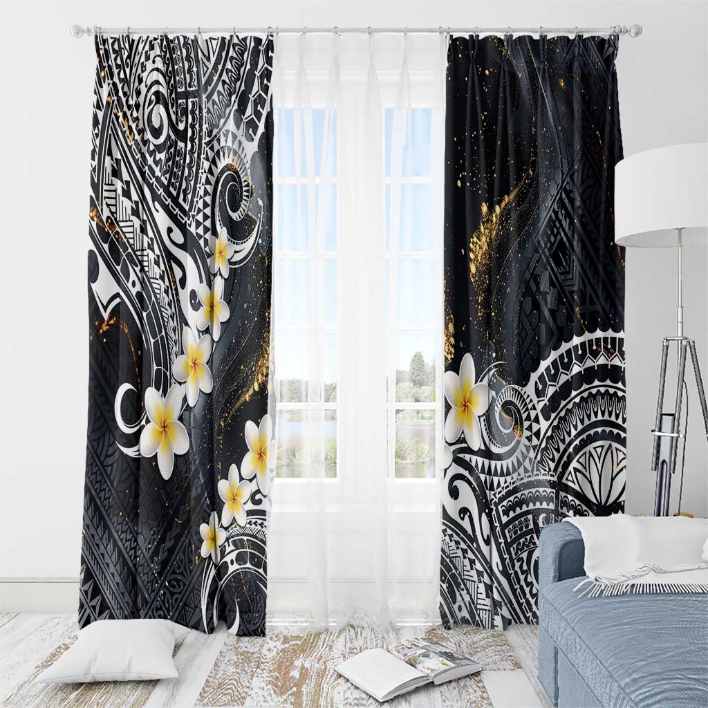 Polynesian Tribal Tattoo Window Curtain Plumeria Black Gold Marble Pattern
