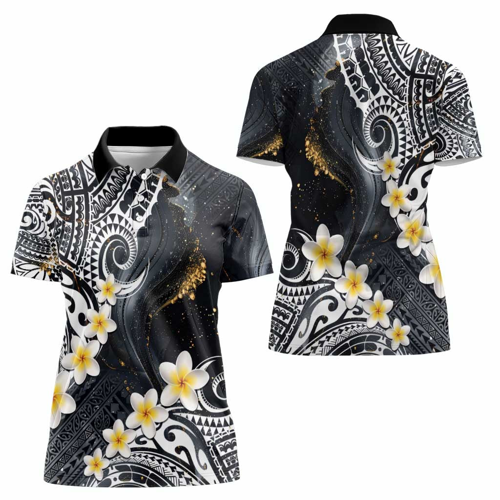 Polynesian Tribal Tattoo Women Polo Shirt Plumeria Black Gold Marble Pattern