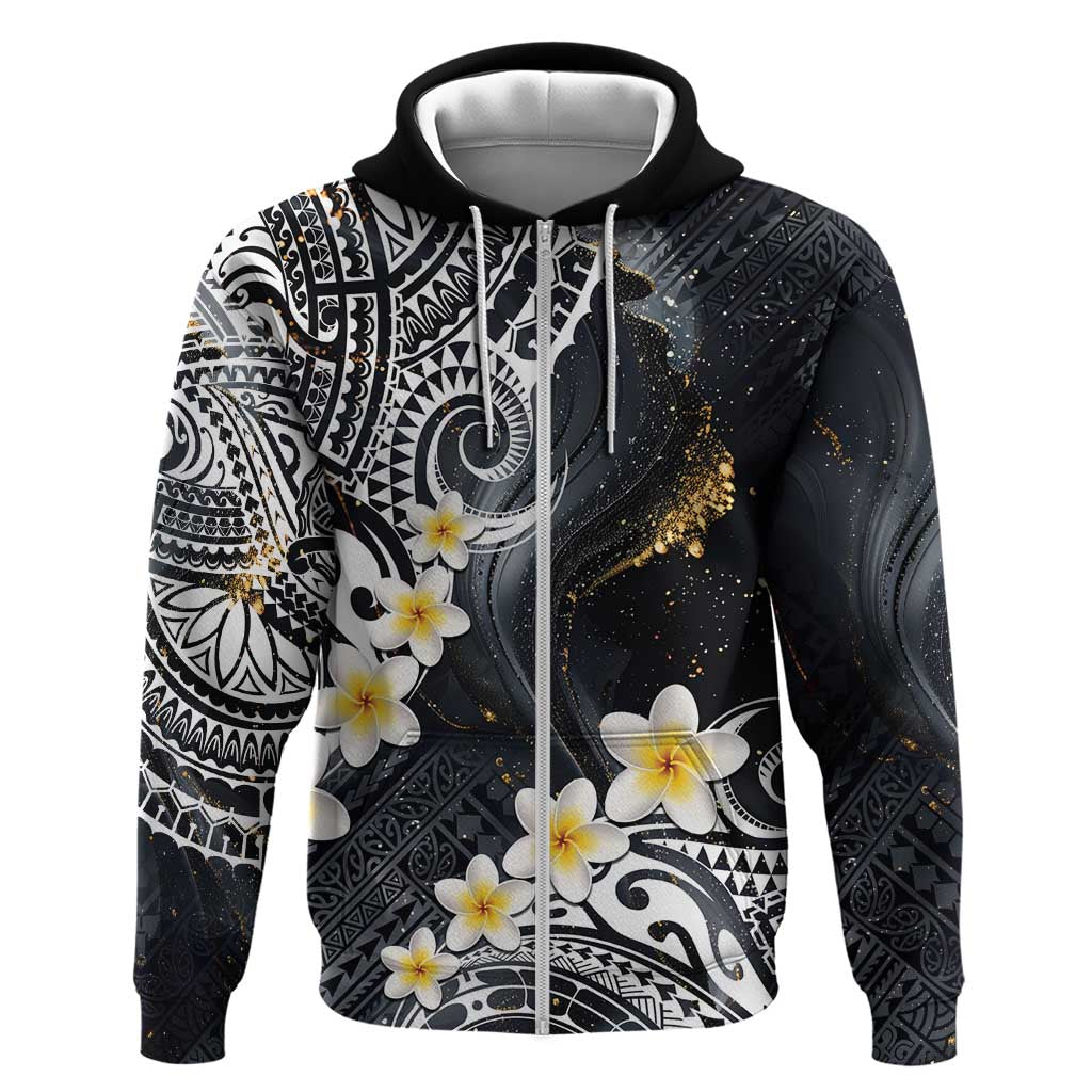 Polynesian Tribal Tattoo Zip Hoodie Plumeria Black Gold Marble Pattern LT9 Zip Hoodie Black - Polynesian Pride