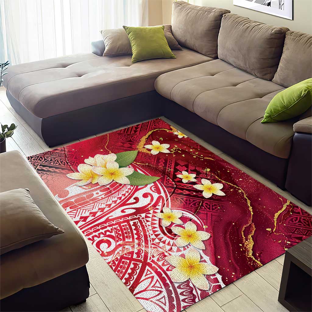 Polynesian Tribal Tattoo Area Rug Plumeria Blood Red and Gold Marble Pattern