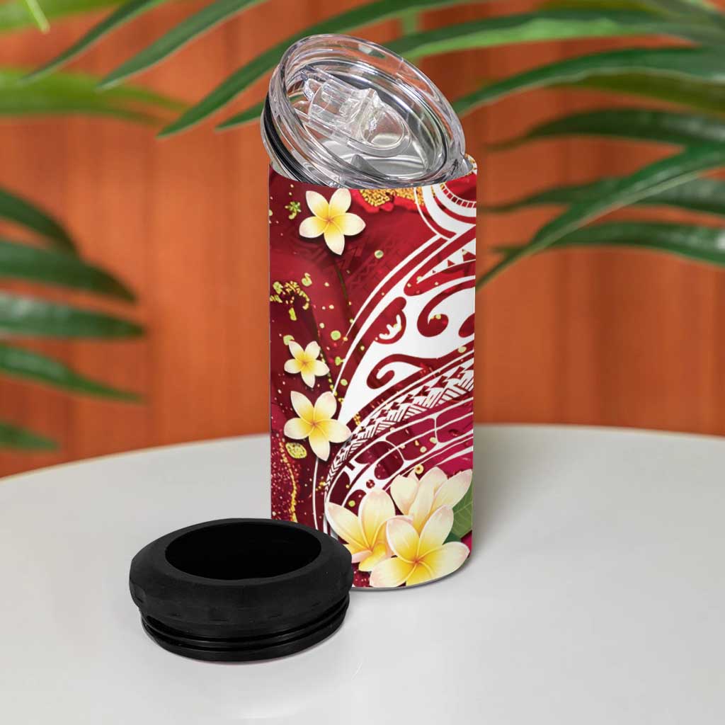 Polynesian Tribal Tattoo 4 in 1 Can Cooler Tumbler Plumeria Blood Red and Gold Marble Pattern