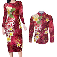 Polynesian Tribal Tattoo Couples Matching Long Sleeve Bodycon Dress and Long Sleeve Button Shirt Plumeria Blood Red and Gold Marble Pattern LT9 Red - Polynesian Pride