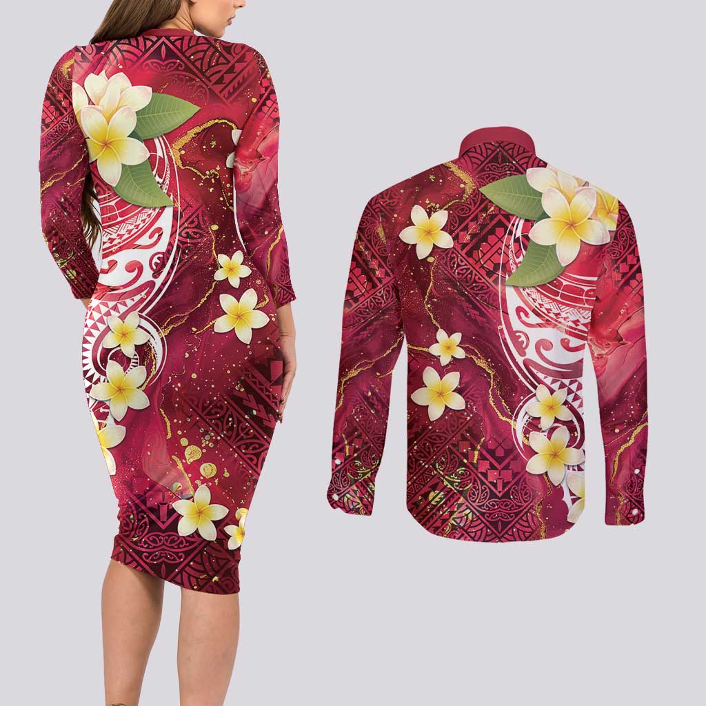 Polynesian Tribal Tattoo Couples Matching Long Sleeve Bodycon Dress and Long Sleeve Button Shirt Plumeria Blood Red and Gold Marble Pattern LT9 - Polynesian Pride