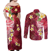 Polynesian Tribal Tattoo Couples Matching Off Shoulder Maxi Dress and Long Sleeve Button Shirt Plumeria Blood Red and Gold Marble Pattern