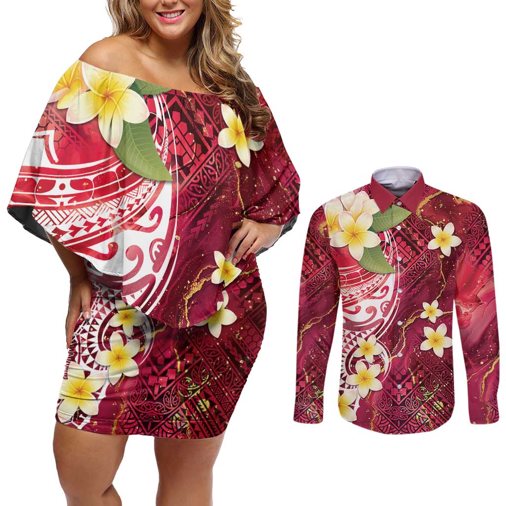 Polynesian Tribal Tattoo Couples Matching Off Shoulder Short Dress and Long Sleeve Button Shirt Plumeria Blood Red and Gold Marble Pattern
