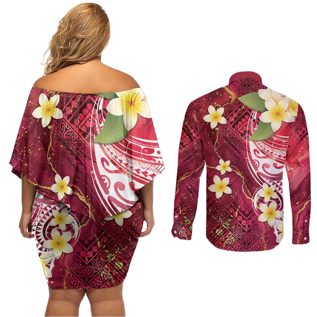 Polynesian Tribal Tattoo Couples Matching Off Shoulder Short Dress and Long Sleeve Button Shirt Plumeria Blood Red and Gold Marble Pattern