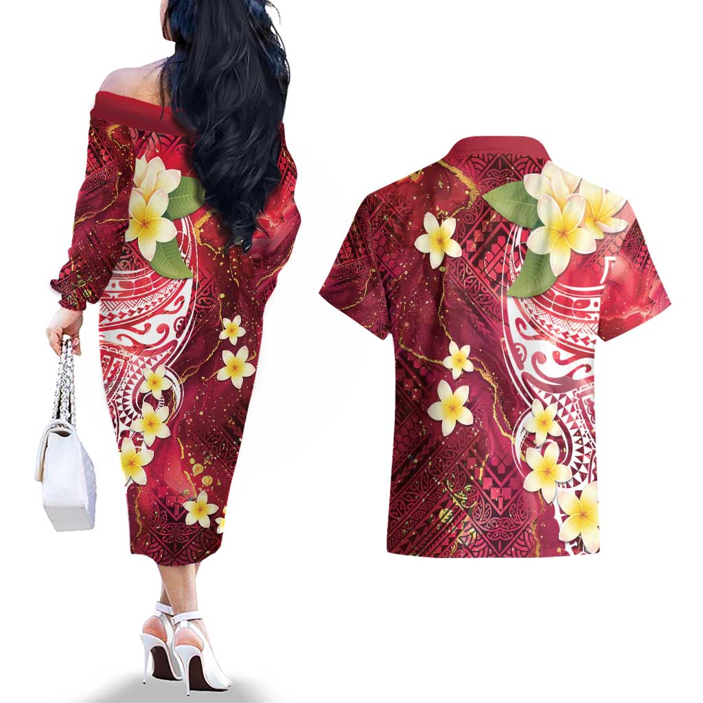 Polynesian Tribal Tattoo Couples Matching Off The Shoulder Long Sleeve Dress and Hawaiian Shirt Plumeria Blood Red and Gold Marble Pattern LT9 - Polynesian Pride