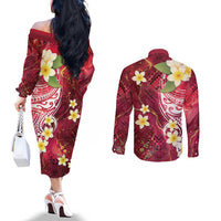 Polynesian Tribal Tattoo Couples Matching Off The Shoulder Long Sleeve Dress and Long Sleeve Button Shirt Plumeria Blood Red and Gold Marble Pattern LT9 - Polynesian Pride