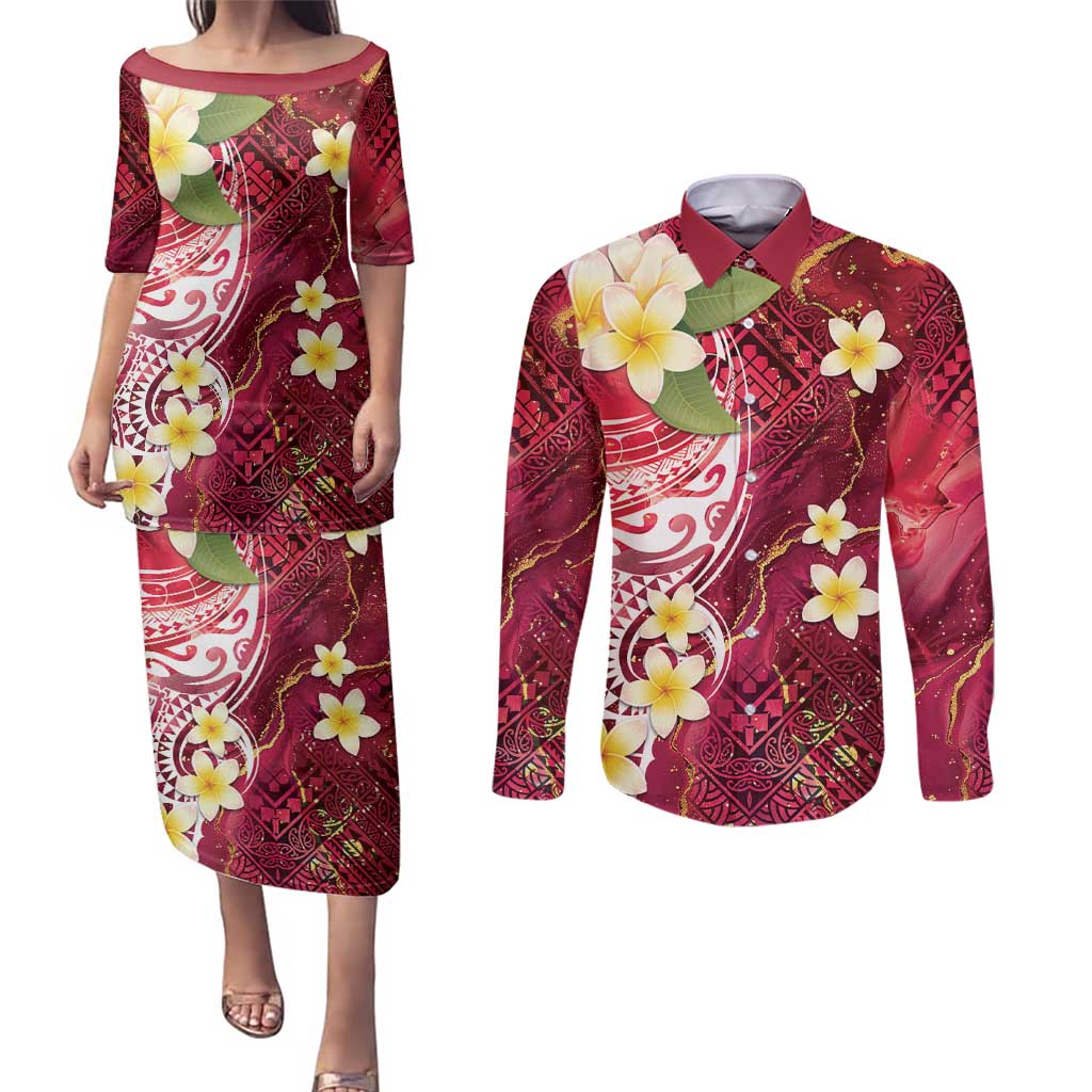 Polynesian Tribal Tattoo Couples Matching Puletasi and Long Sleeve Button Shirt Plumeria Blood Red and Gold Marble Pattern