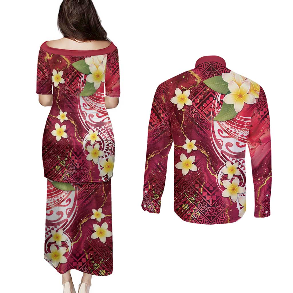Polynesian Tribal Tattoo Couples Matching Puletasi and Long Sleeve Button Shirt Plumeria Blood Red and Gold Marble Pattern LT9 - Polynesian Pride