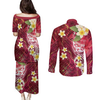 Polynesian Tribal Tattoo Couples Matching Puletasi and Long Sleeve Button Shirt Plumeria Blood Red and Gold Marble Pattern LT9 - Polynesian Pride