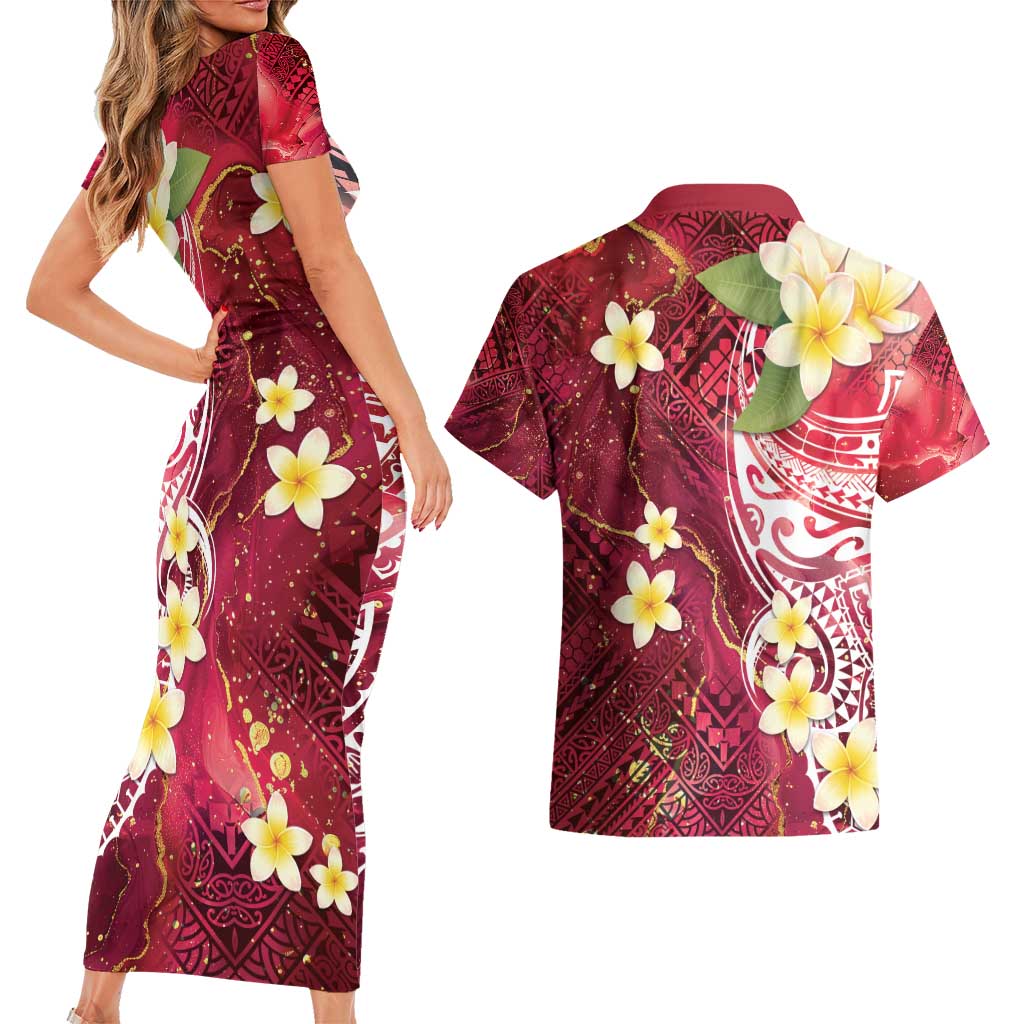 Polynesian Tribal Tattoo Couples Matching Short Sleeve Bodycon Dress and Hawaiian Shirt Plumeria Blood Red and Gold Marble Pattern LT9 - Polynesian Pride