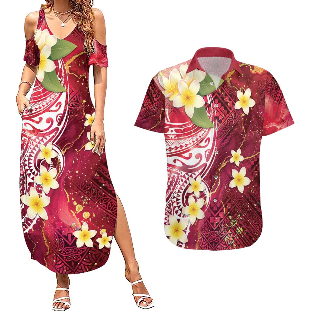 Polynesian Tribal Tattoo Couples Matching Summer Maxi Dress and Hawaiian Shirt Plumeria Blood Red and Gold Marble Pattern LT9 Red - Polynesian Pride