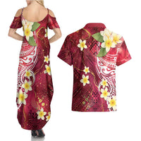 Polynesian Tribal Tattoo Couples Matching Summer Maxi Dress and Hawaiian Shirt Plumeria Blood Red and Gold Marble Pattern LT9 - Polynesian Pride