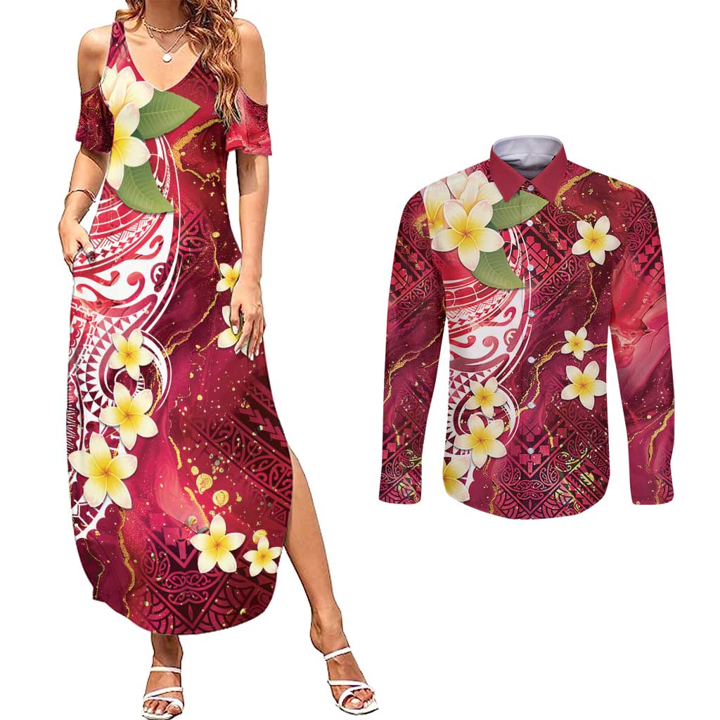 Polynesian Tribal Tattoo Couples Matching Summer Maxi Dress and Long Sleeve Button Shirt Plumeria Blood Red and Gold Marble Pattern