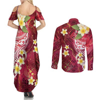 Polynesian Tribal Tattoo Couples Matching Summer Maxi Dress and Long Sleeve Button Shirt Plumeria Blood Red and Gold Marble Pattern