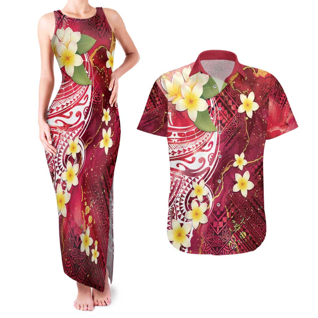 Polynesian Tribal Tattoo Couples Matching Tank Maxi Dress and Hawaiian Shirt Plumeria Blood Red and Gold Marble Pattern LT9 Red - Polynesian Pride
