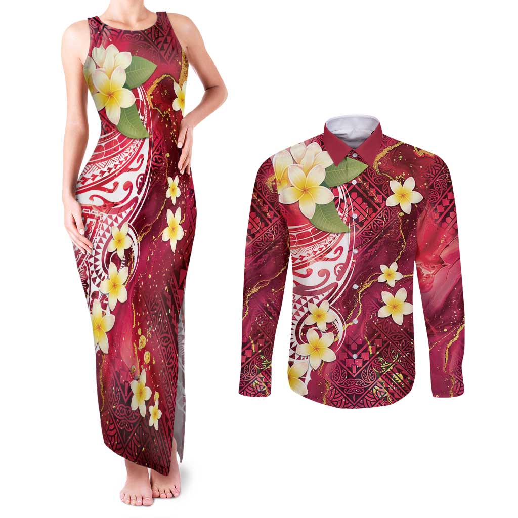 Polynesian Tribal Tattoo Couples Matching Tank Maxi Dress and Long Sleeve Button Shirt Plumeria Blood Red and Gold Marble Pattern LT9 Red - Polynesian Pride