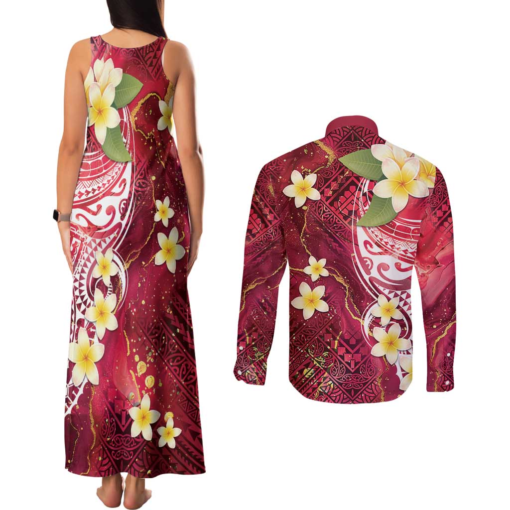 Polynesian Tribal Tattoo Couples Matching Tank Maxi Dress and Long Sleeve Button Shirt Plumeria Blood Red and Gold Marble Pattern LT9 - Polynesian Pride