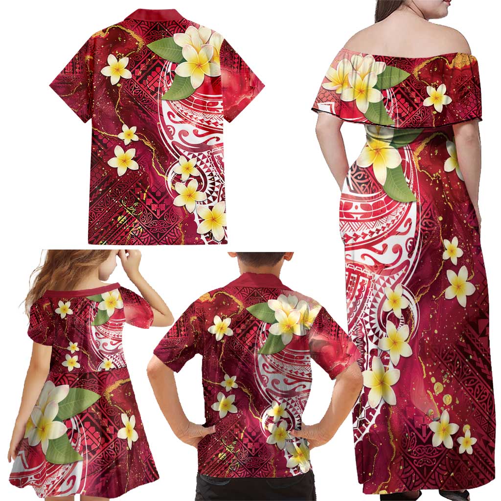 Polynesian Tribal Tattoo Family Matching Off Shoulder Maxi Dress and Hawaiian Shirt Plumeria Blood Red and Gold Marble Pattern
