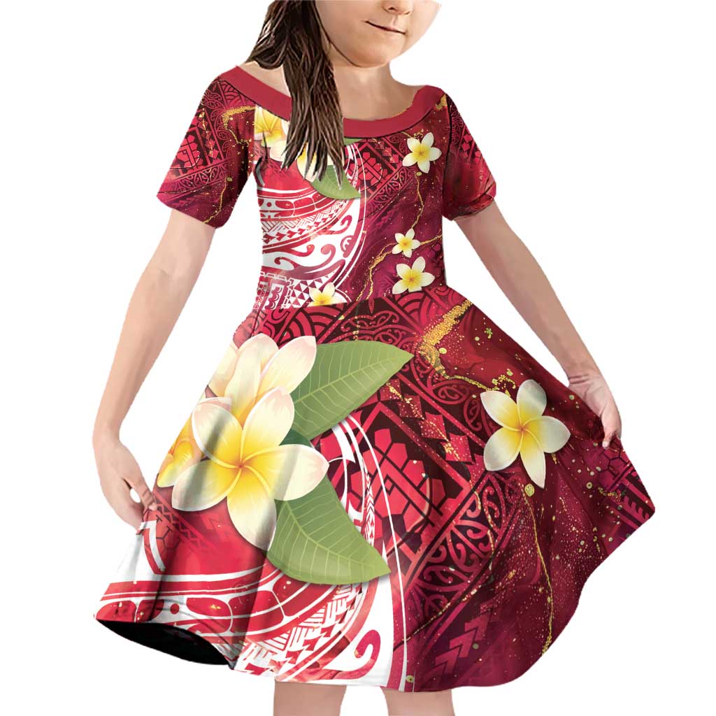 Polynesian Tribal Tattoo Family Matching Off Shoulder Short Dress and Hawaiian Shirt Plumeria Blood Red and Gold Marble Pattern