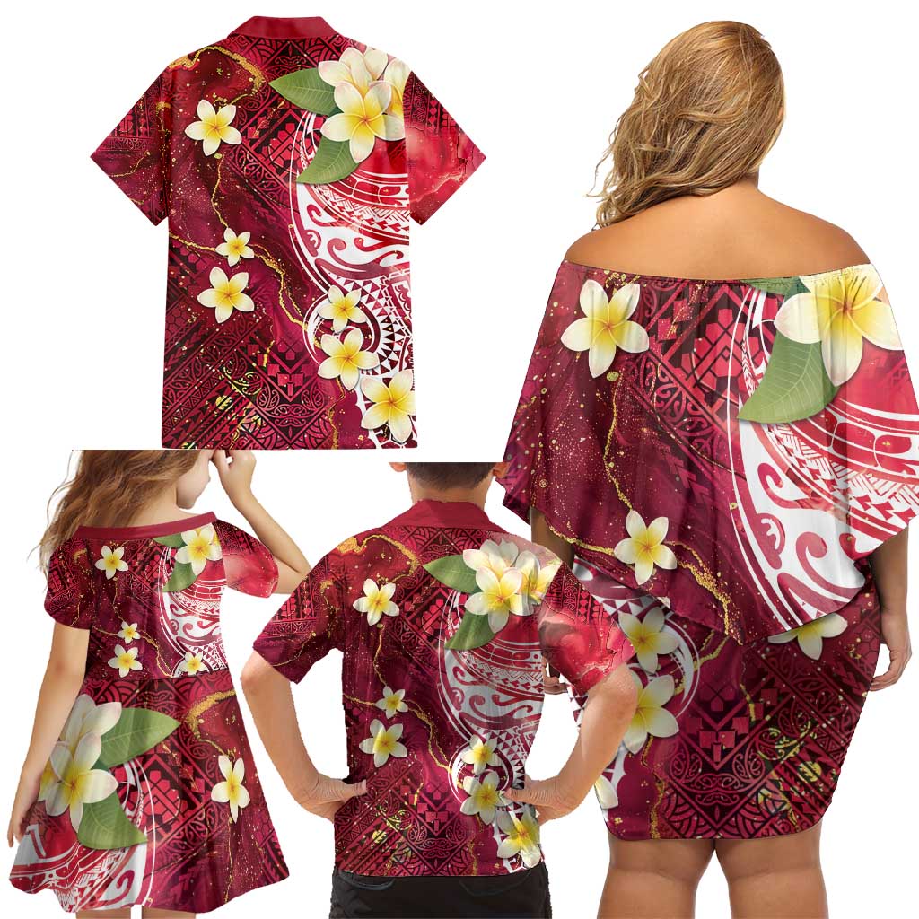Polynesian Tribal Tattoo Family Matching Off Shoulder Short Dress and Hawaiian Shirt Plumeria Blood Red and Gold Marble Pattern