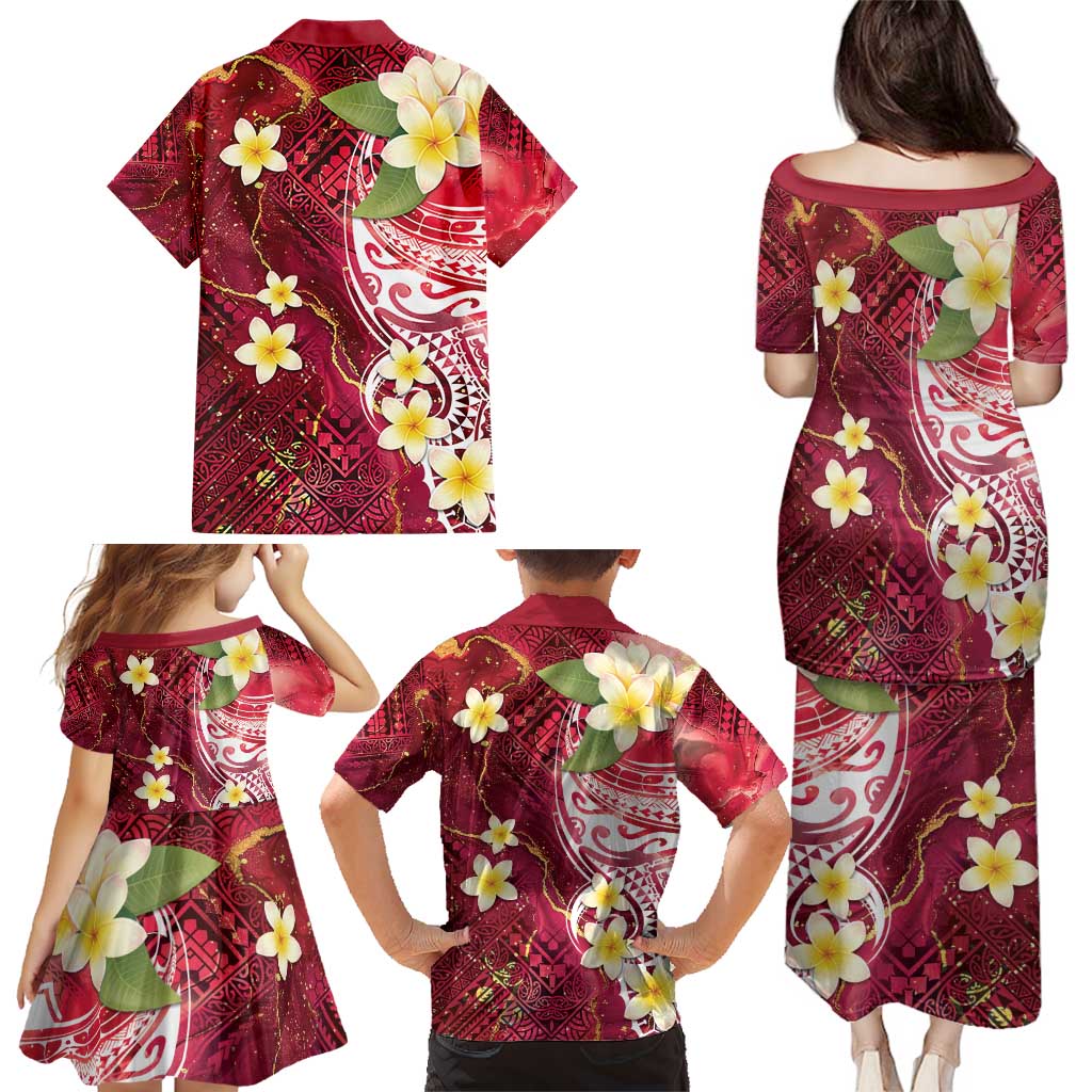 Polynesian Tribal Tattoo Family Matching Puletasi and Hawaiian Shirt Plumeria Blood Red and Gold Marble Pattern