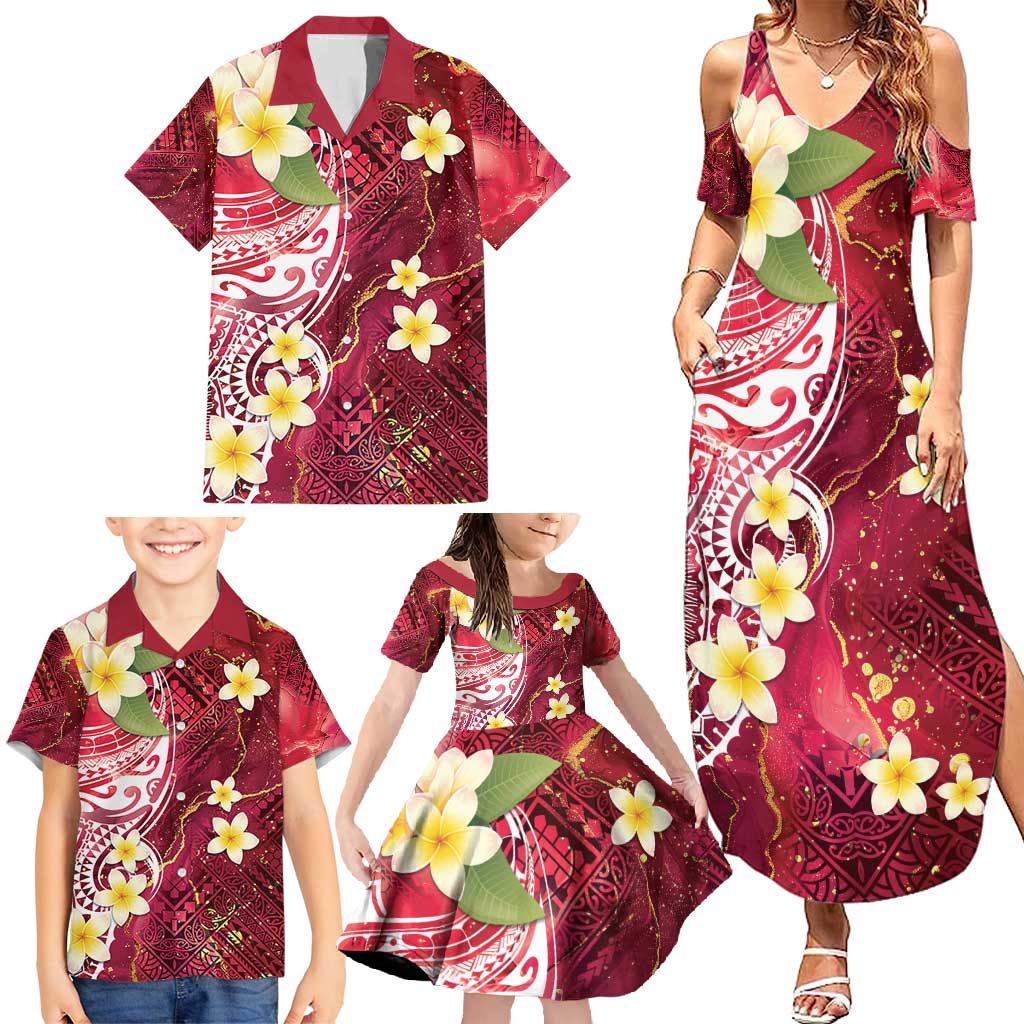 Polynesian Tribal Tattoo Family Matching Summer Maxi Dress and Hawaiian Shirt Plumeria Blood Red and Gold Marble Pattern