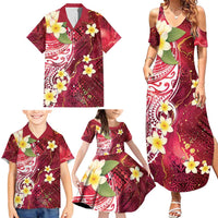 Polynesian Tribal Tattoo Family Matching Summer Maxi Dress and Hawaiian Shirt Plumeria Blood Red and Gold Marble Pattern