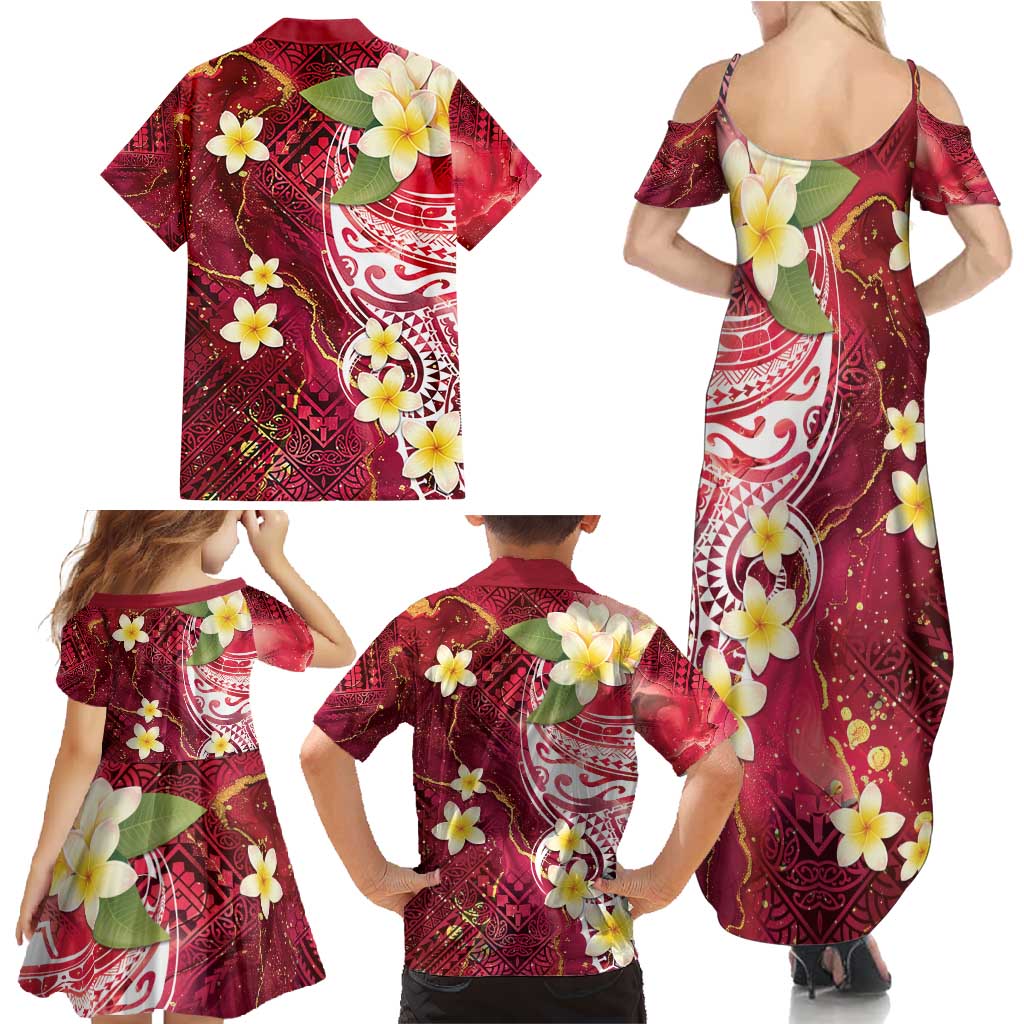 Polynesian Tribal Tattoo Family Matching Summer Maxi Dress and Hawaiian Shirt Plumeria Blood Red and Gold Marble Pattern