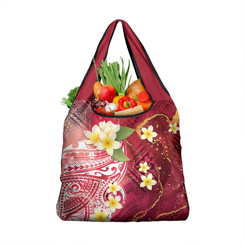 Polynesian Tribal Tattoo Grocery Bag Plumeria Blood Red and Gold Marble Pattern