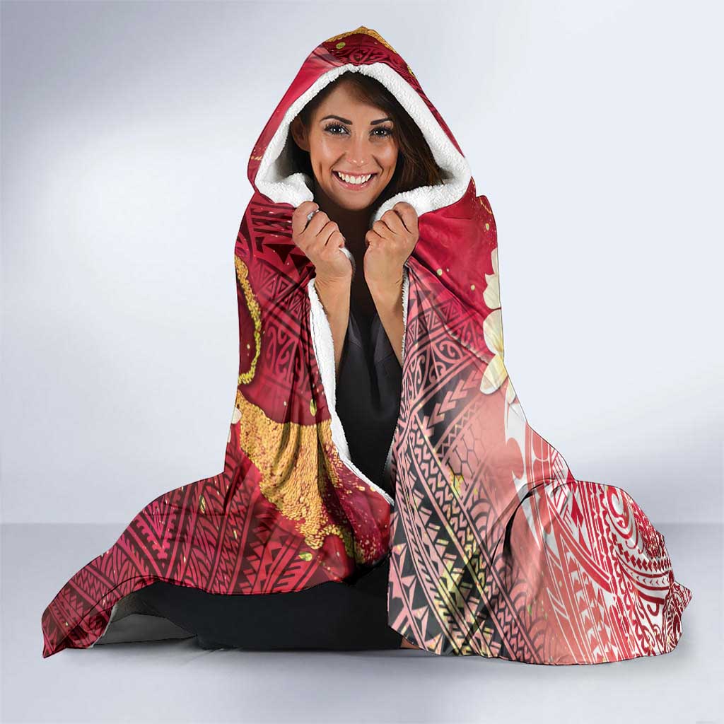 Polynesian Tribal Tattoo Hooded Blanket Plumeria Blood Red and Gold Marble Pattern