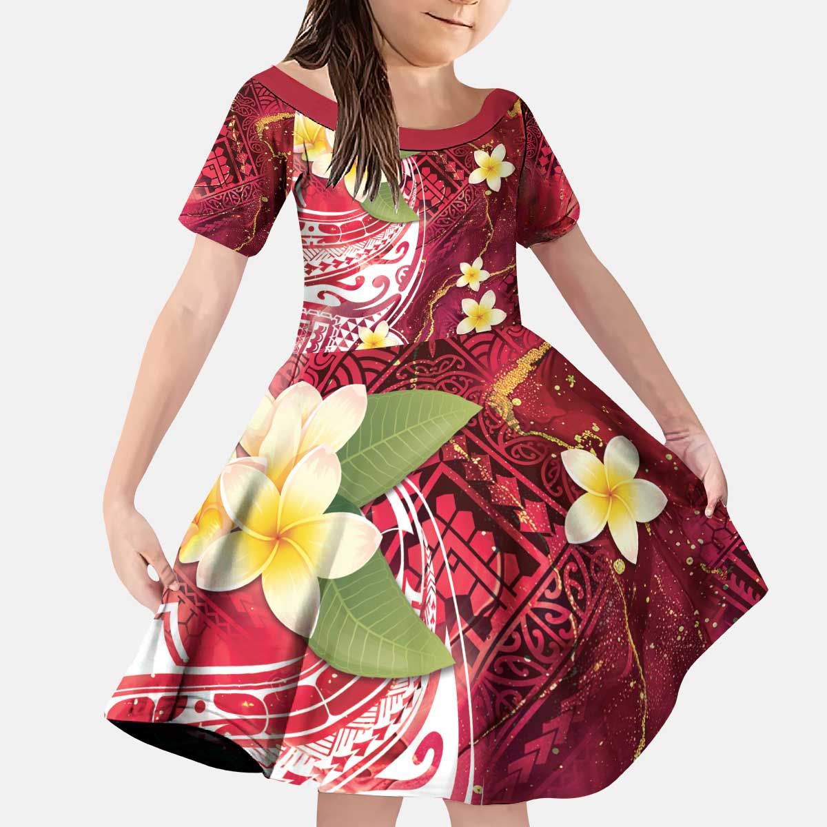 Polynesian Tribal Tattoo Kid Short Sleeve Dress Plumeria Blood Red and Gold Marble Pattern