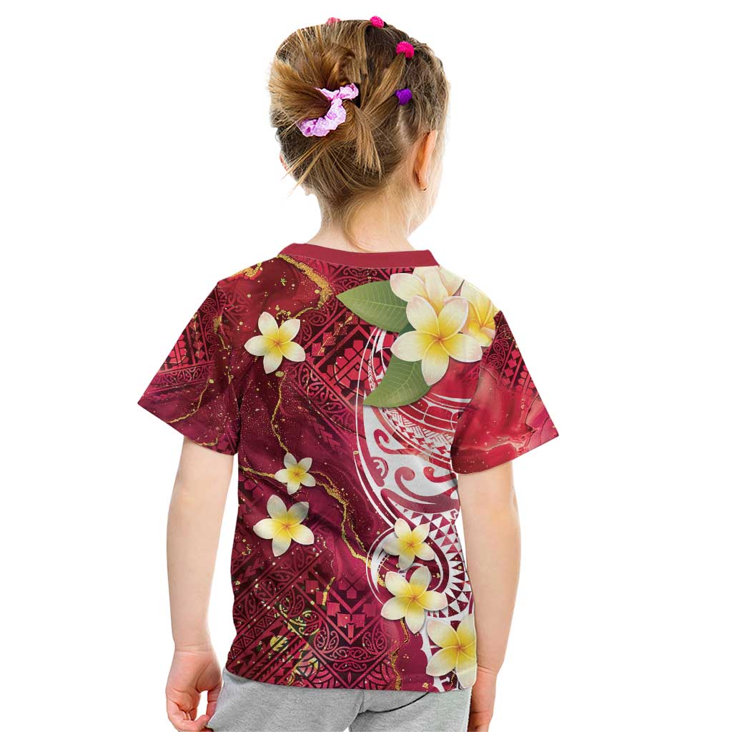 Polynesian Tribal Tattoo Kid T Shirt Plumeria Blood Red and Gold Marble Pattern