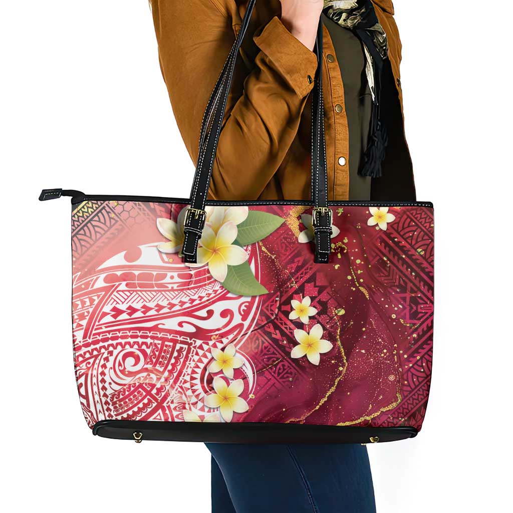 Polynesian Tribal Tattoo Leather Tote Bag Plumeria Blood Red and Gold Marble Pattern