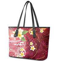 Polynesian Tribal Tattoo Leather Tote Bag Plumeria Blood Red and Gold Marble Pattern