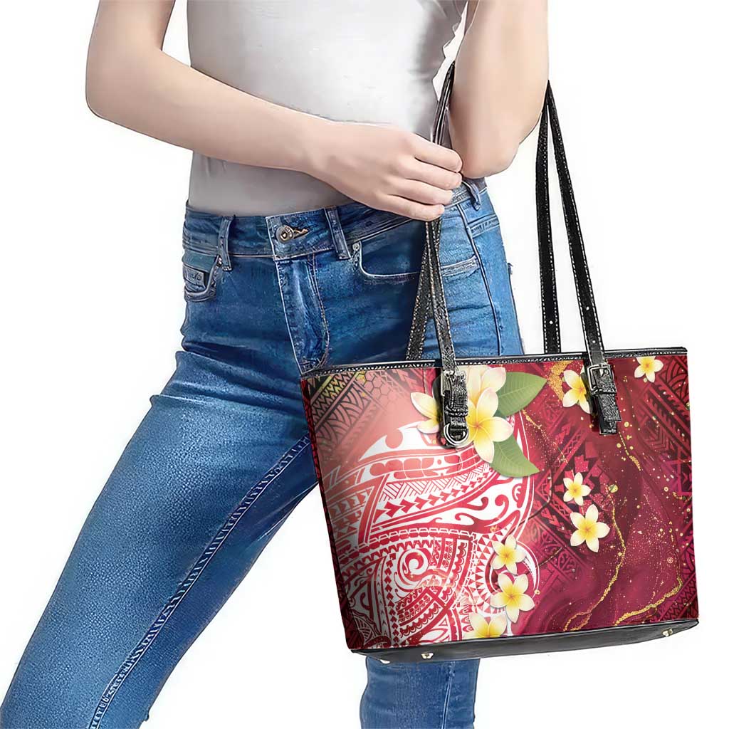 Polynesian Tribal Tattoo Leather Tote Bag Plumeria Blood Red and Gold Marble Pattern