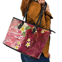 Polynesian Tribal Tattoo Leather Tote Bag Plumeria Blood Red and Gold Marble Pattern