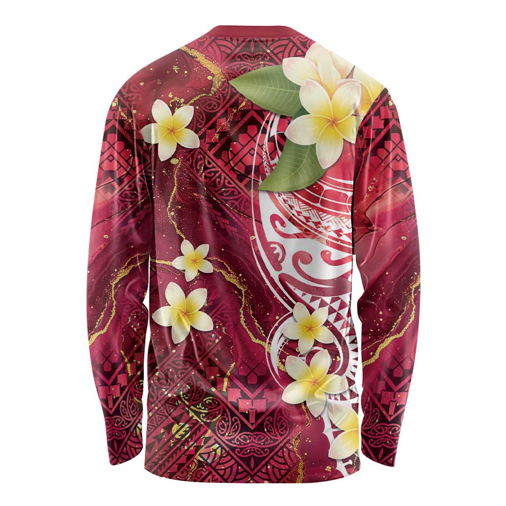 Polynesian Tribal Tattoo Long Sleeve Shirt Plumeria Blood Red and Gold Marble Pattern