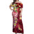 Polynesian Tribal Tattoo Off Shoulder Maxi Dress Plumeria Blood Red and Gold Marble Pattern