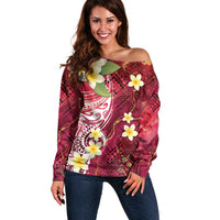 Polynesian Tribal Tattoo Off Shoulder Sweater Plumeria Blood Red and Gold Marble Pattern