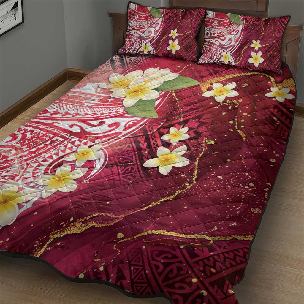 Polynesian Tribal Tattoo Quilt Bed Set Plumeria Blood Red and Gold Marble Pattern LT9 - Polynesian Pride