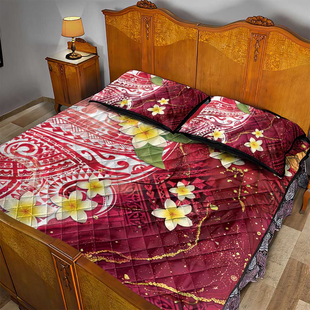 Polynesian Tribal Tattoo Quilt Bed Set Plumeria Blood Red and Gold Marble Pattern LT9 - Polynesian Pride