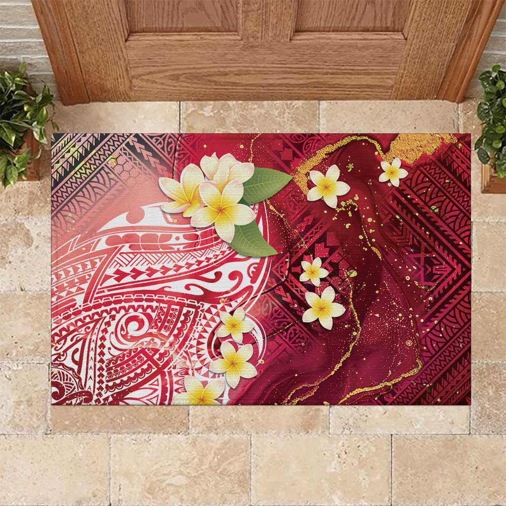 Polynesian Tribal Tattoo Rubber Doormat Plumeria Blood Red and Gold Marble Pattern