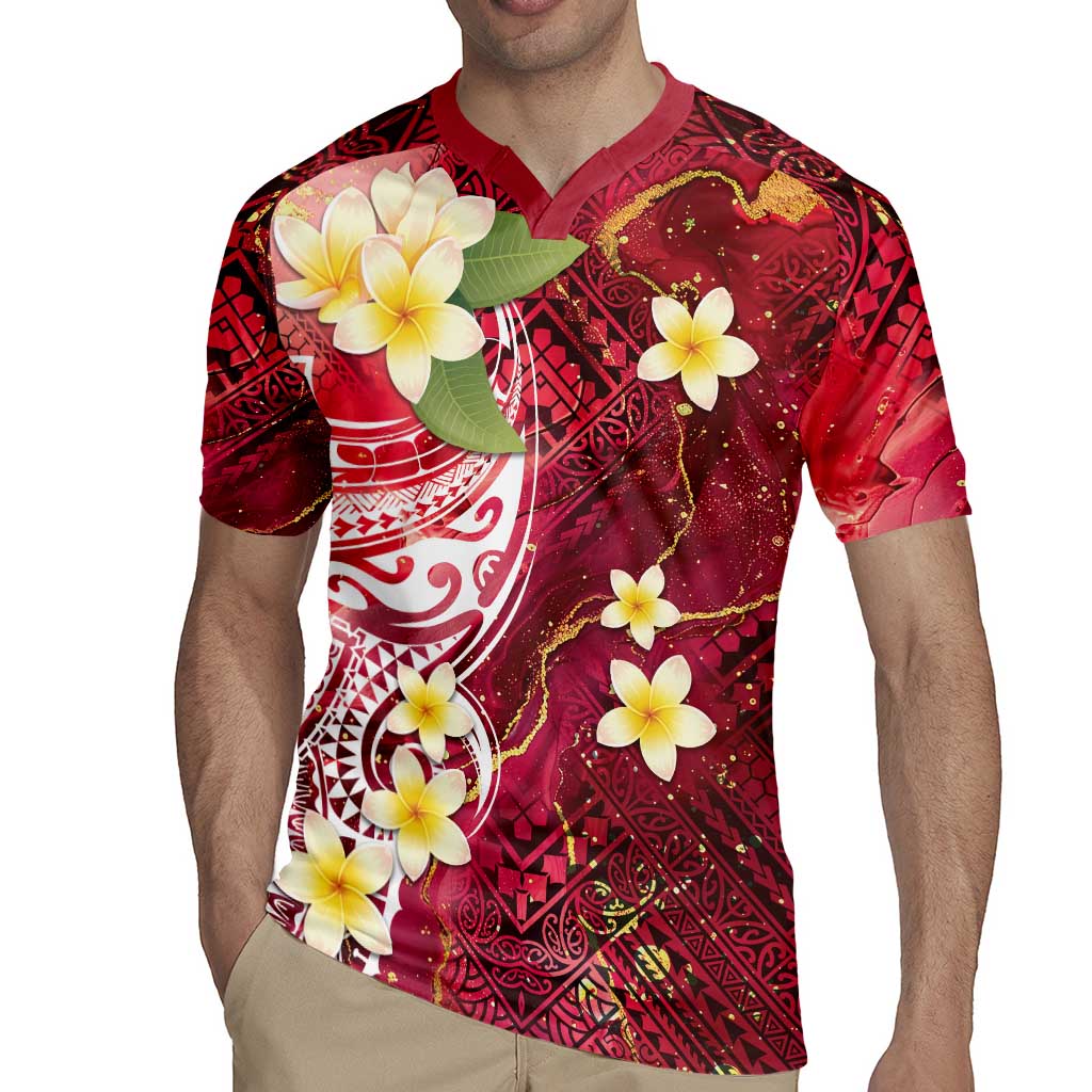 Polynesian Tribal Tattoo Rugby Jersey Plumeria Blood Red and Gold Marble Pattern