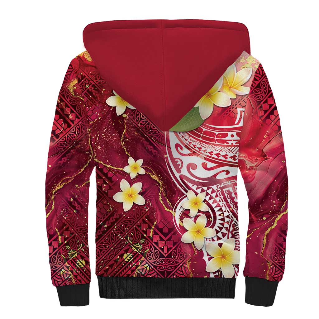Polynesian Tribal Tattoo Sherpa Hoodie Plumeria Blood Red and Gold Marble Pattern