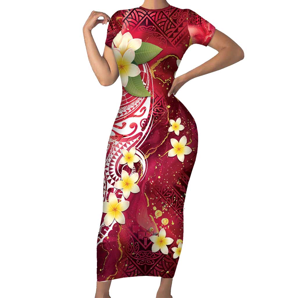 Polynesian Tribal Tattoo Short Sleeve Bodycon Dress Plumeria Blood Red and Gold Marble Pattern